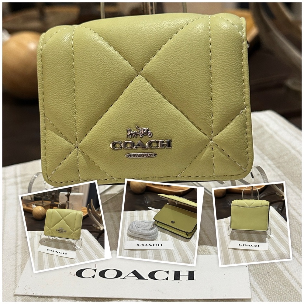 COACH Puffy Diamond Mini Wallet on Chain in Pale Lime w/Silver-Tone Hardware NWT